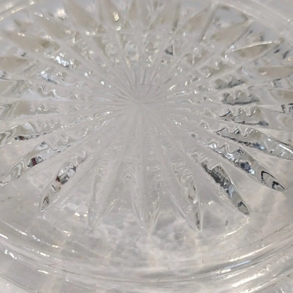 Vintage Clear Pressed Glass Round Platter Sunburst Scalloped Sawtooth Edge